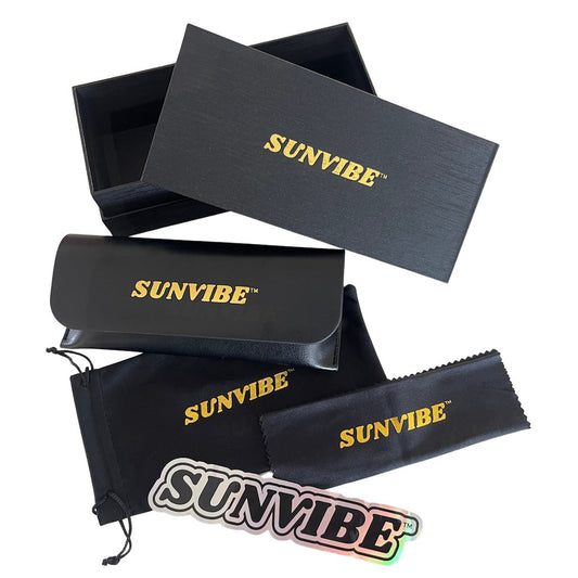 SUNVIBE Sunglasses Gift Box, Leather Case, Soft Pouch, Cleaning Cloth & Sticker