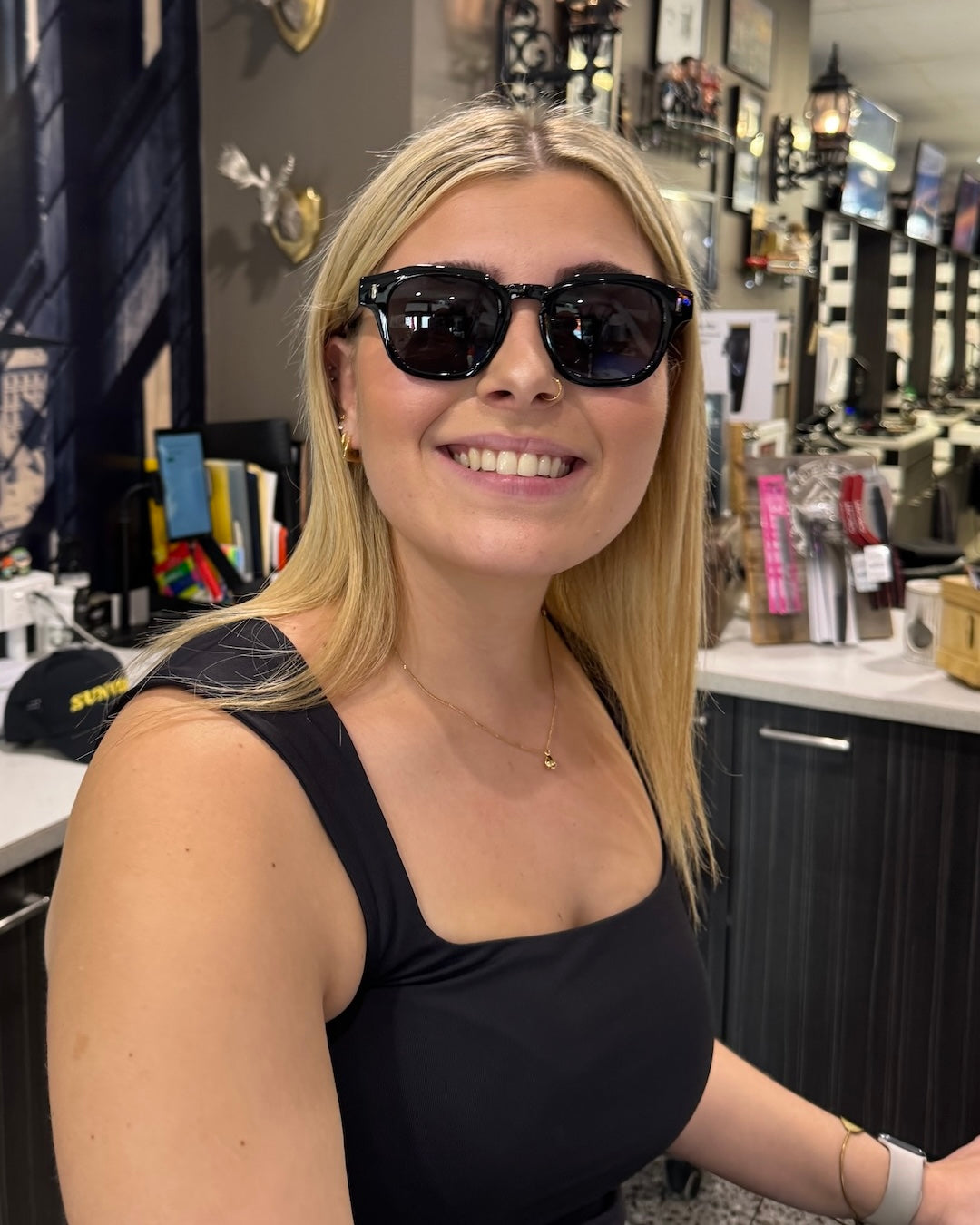 Mariah Wearing SUNVIBE Soho Gloss Black Sunglasses