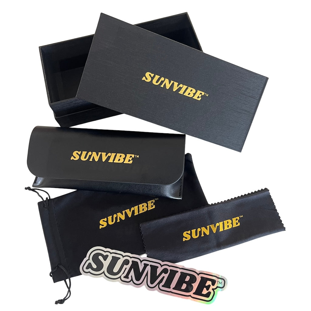 SUNVIBE Sunglasses Gift Box, Leather Case, Soft Pouch, Cleaning Cloth & Sticker