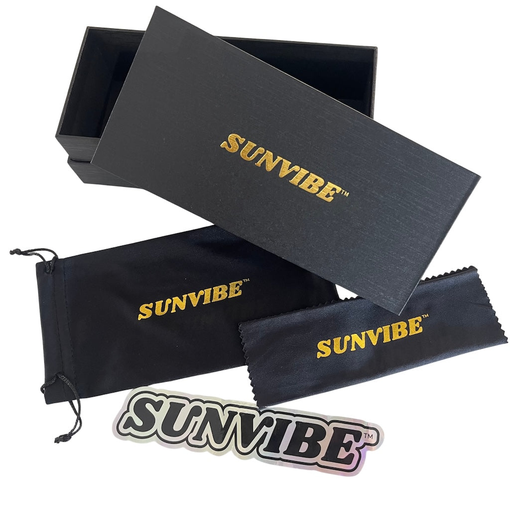 SUNVIBE Sunglasses Gift Box, Soft Pouch, Cleaning Cloth & Sticker