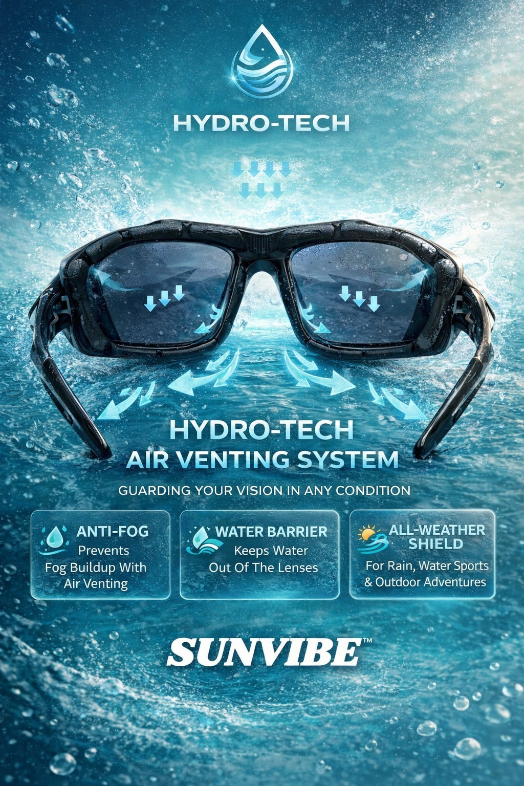 The Sunvibe HYDRO-TECH™ Sunglasses featuring Hydro-Tech are built for high-speed watersports where standard sunglasses fall short.