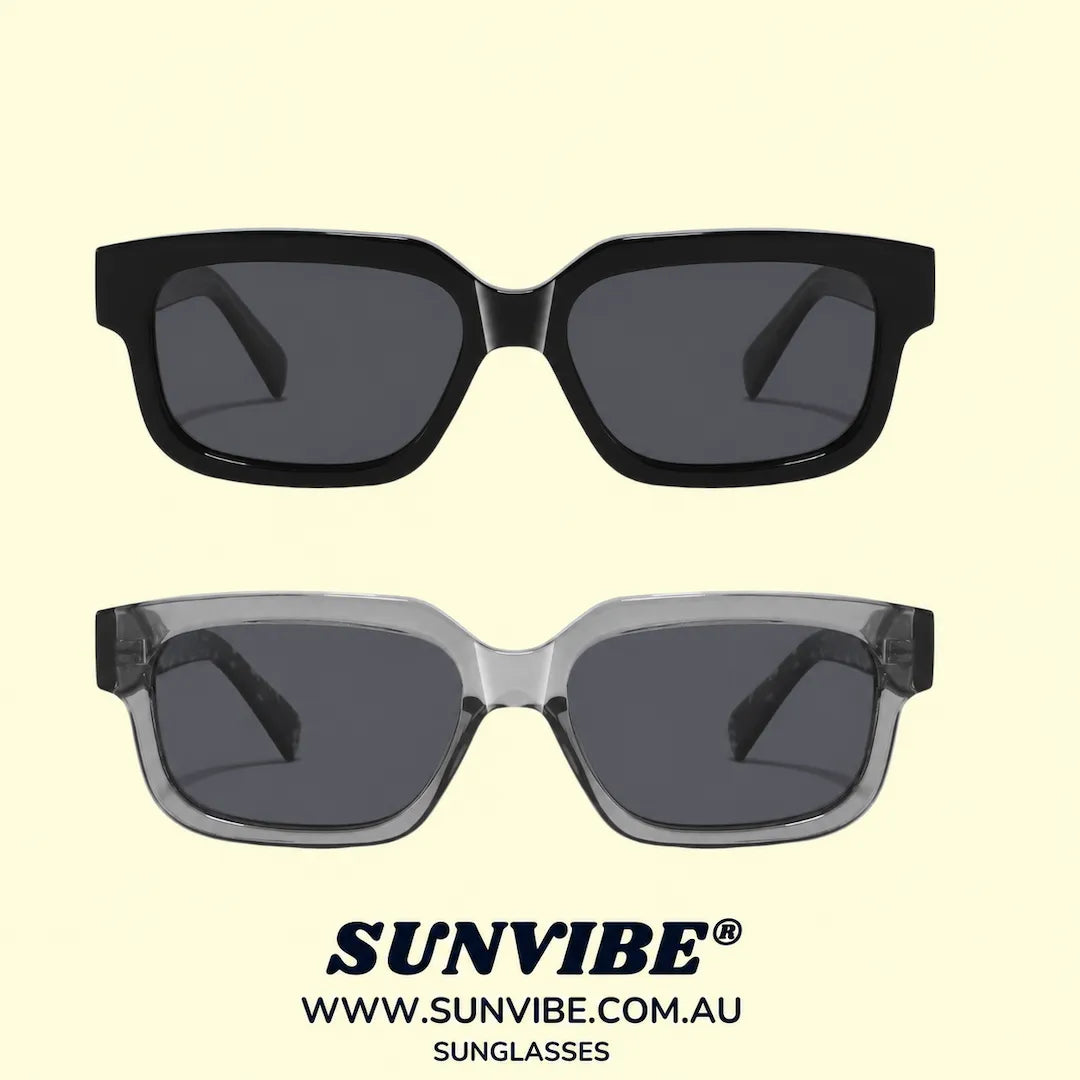 SUNVIBE® DUBAI sunglasses in gloss black and smoke clear rectangular frames