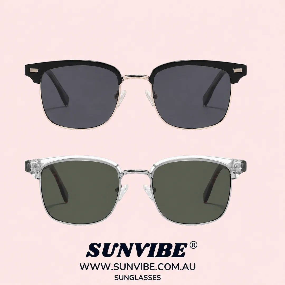SUNVIBE® MIAMI polarised sunglasses collection featuring black and light tort frames on a blush pink background