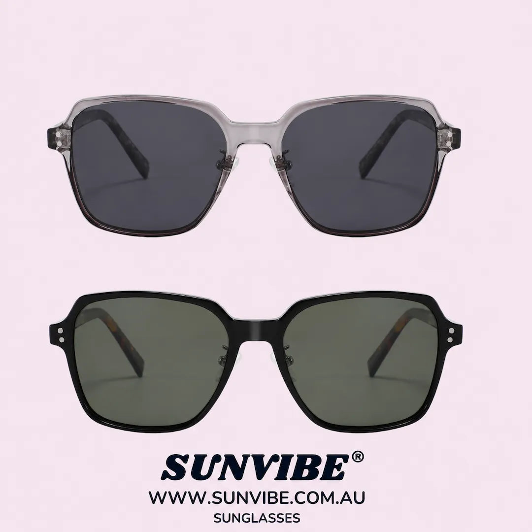 SUNVIBE® MILAN polarised sunglasses collection featuring smoke tort and black frames on a soft pink background
