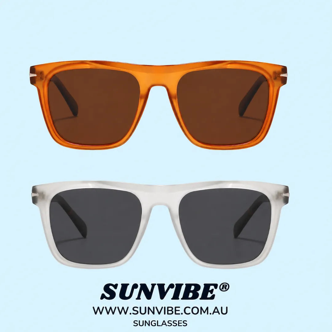 SUNVIBE® MONACO polarised sunglasses collection featuring amber and frost tort frames on a light blue background