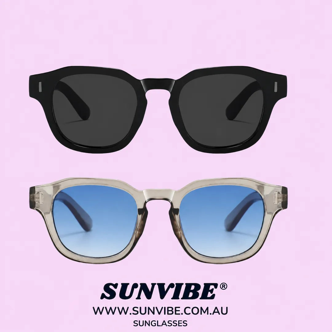 SUNVIBE® SOHO polarised sunglasses collection featuring black and crystal frames on a pink background