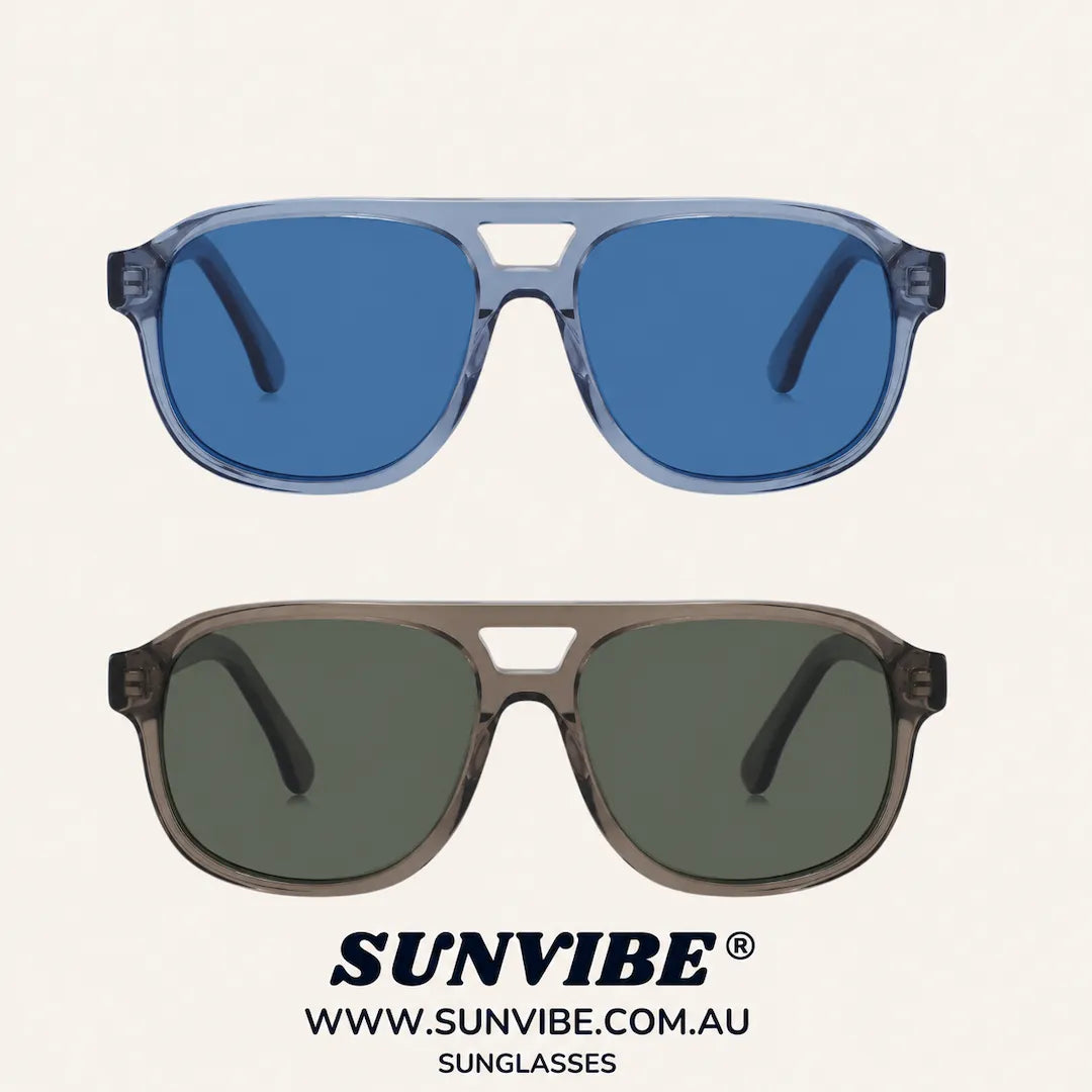 SUNVIBE® VEGAS polarised sunglasses collection featuring glacier blue and vintage frames on a warm neutral background