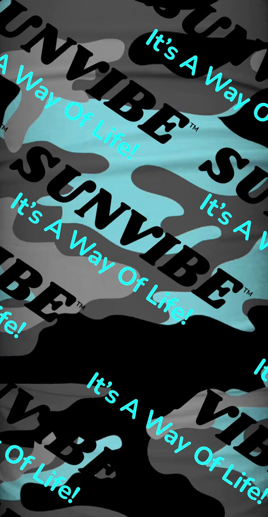 Sunvibe HYDRO-TECH™ soft neck scarf featuring teal coastal camo design, lightweight breathable stretch fabric for wind and sun protection during watersports