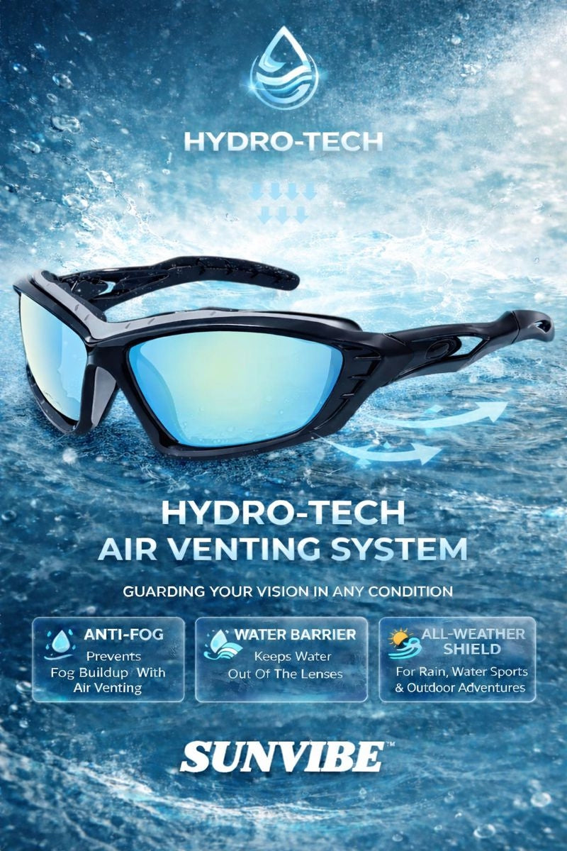 Black and blue Sunvibe HYDRO-TECH™ featuring blue polarised sunglasses lenses designed for Jetski and high-speed water sports