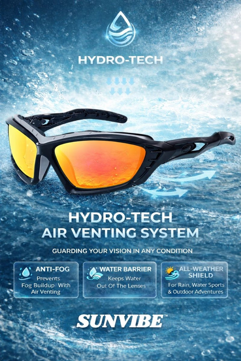 Sunvibe HYDRO-TECH™ sunglasses in black and sunset orange lenses featuring wraparound frame for jetski riding