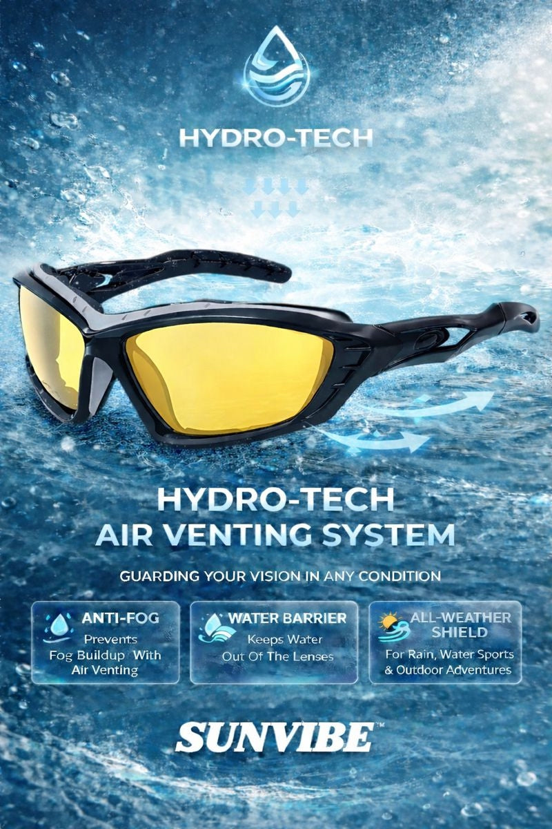 Sunvibe HYDRO-TECH™ black sunglasses featuring yellow lenses that improve contrast in low-light conditions. Perfect for dusk and dawn time on the water.