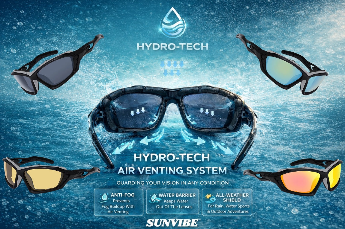 Sunvibe HYDRO-TECH™ sunglasses collection featuring polarised water sports eyewear with wind-break padding for jetskiing and coastal adventure