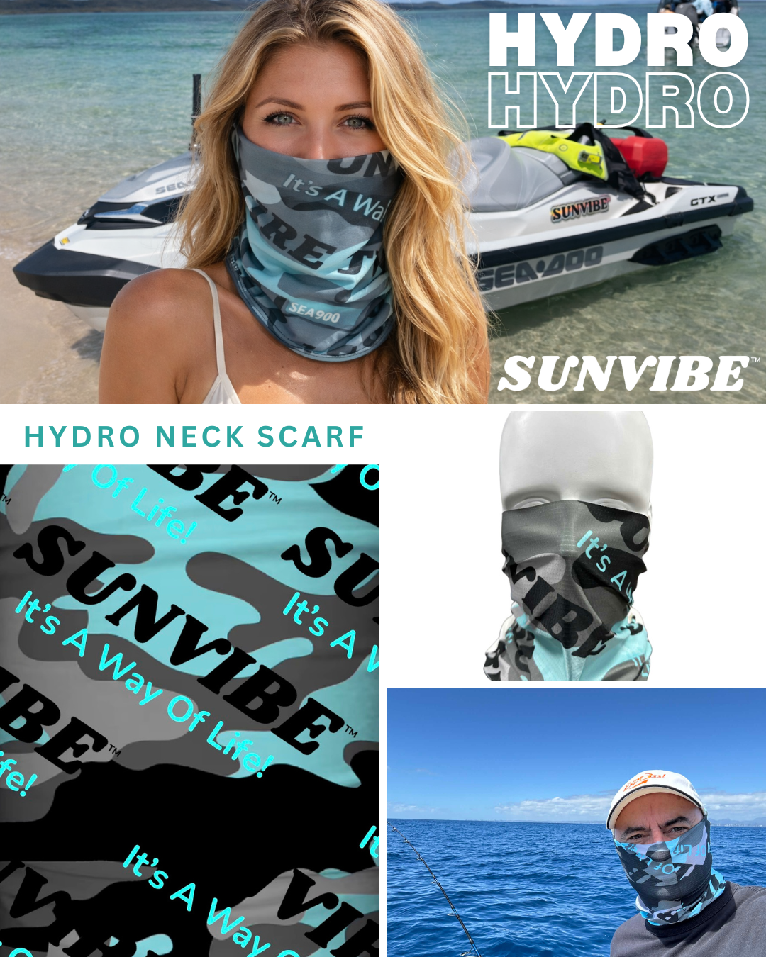 Sunvibe HYDRO-TECH™ soft neck scarf in action featuring teal coastal camo design, lightweight breathable stretch fabric for wind and sun protection during watersports