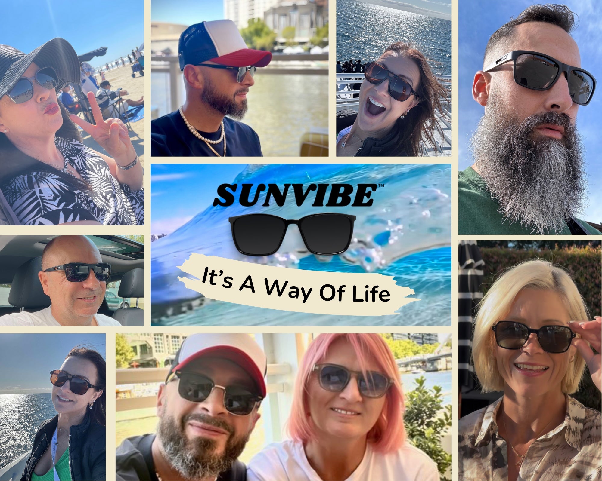 Sunvibe fashion polarised sunglasses collage – premium eyewear for modern style Surfers Paradise Australia